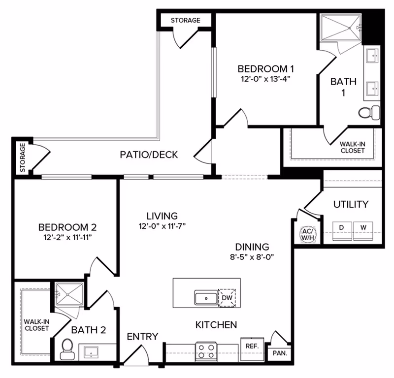 Floor plan of a two-bedroom apartment featuring Bedroom 1 with an attached Bath 1 and walk-in closet, Bedroom 2 with an attached Bath 2 and walk-in closet, a living area, dining area, kitchen with an island and dishwasher, utility room with washer and dryer, pantry, entry, patio/deck, and two storage areas.