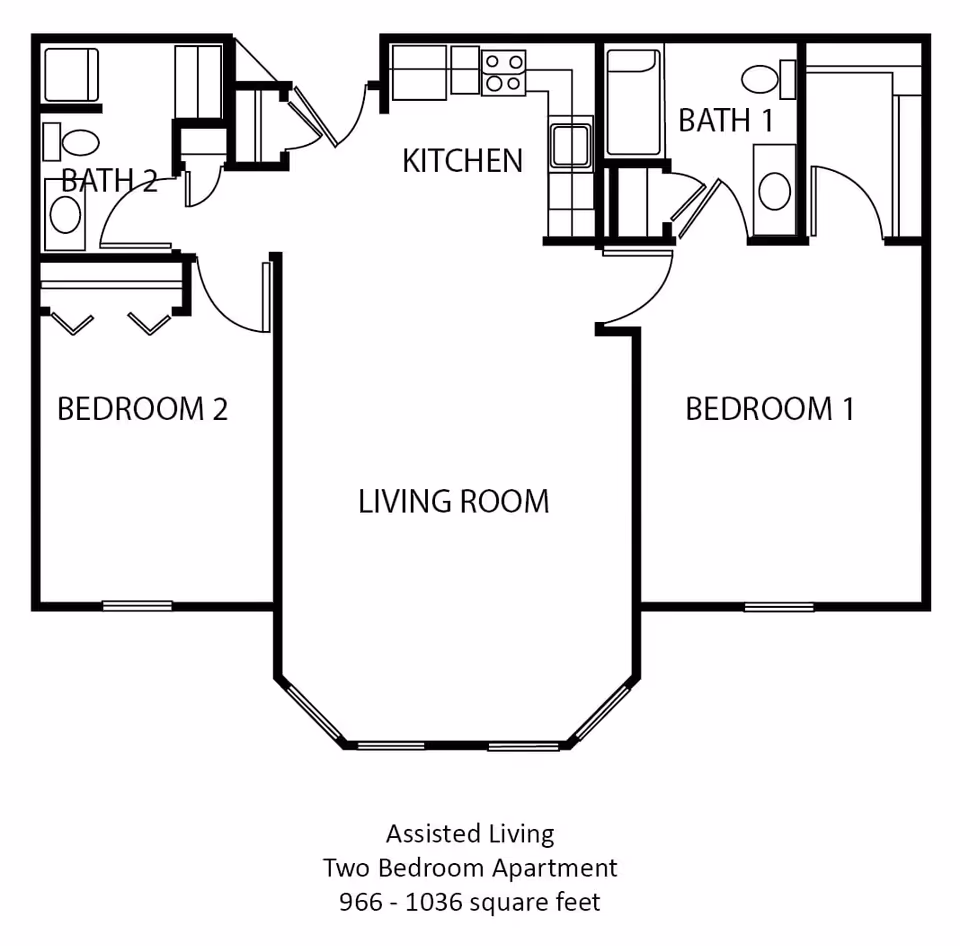 Floor plan of an assisted living two-bedroom apartment showing a living room, kitchen, two bedrooms, and two bathrooms. The living room is centrally located with a bay window area, the kitchen is adjacent to the living room, and each bedroom has an attached bathroom. The apartment size ranges from 966 to 1036 square feet.