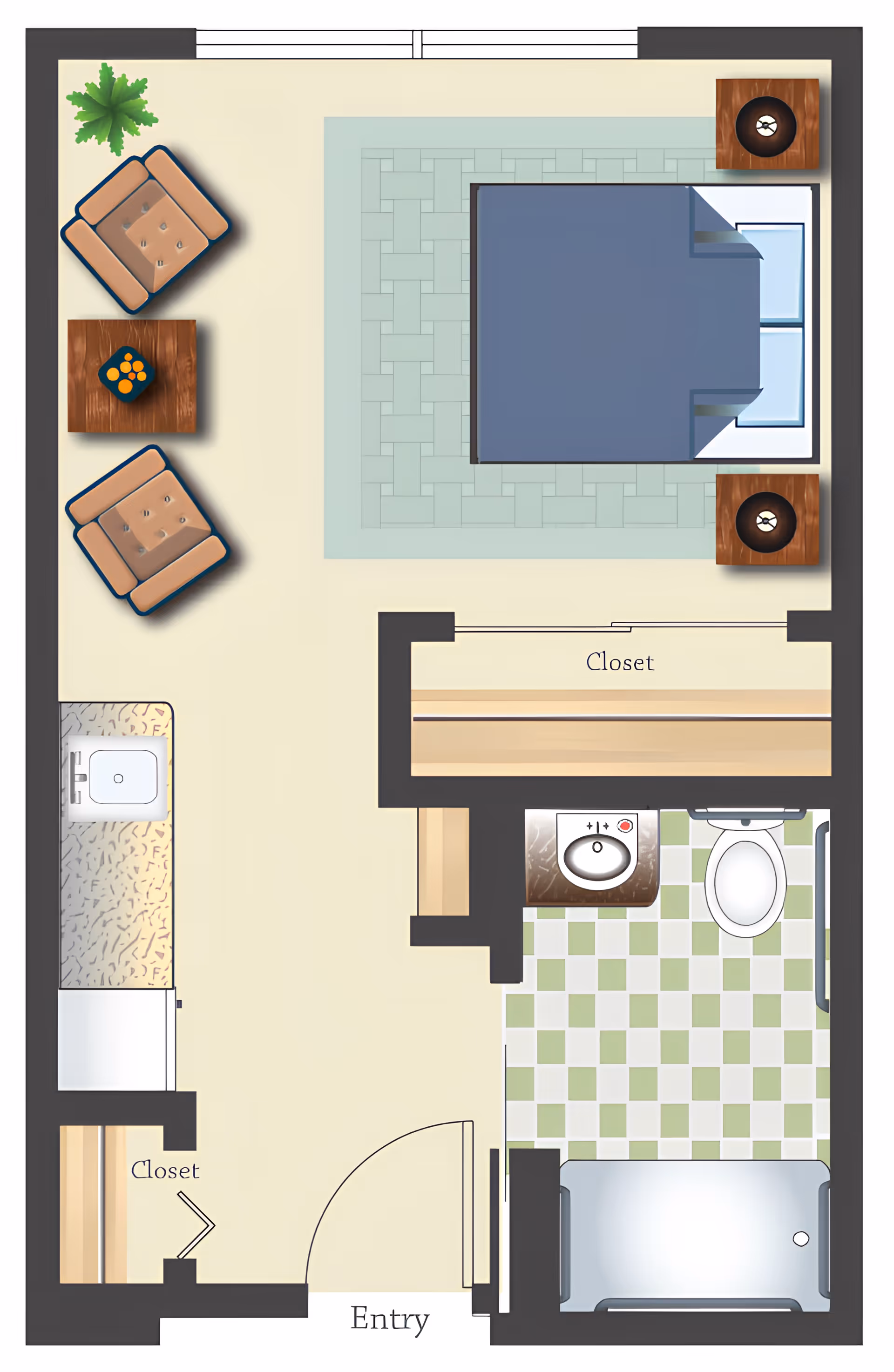 Floor plan of a senior living studio apartment featuring an entryway leading to a combined living and bedroom area with a bed, two armchairs, a coffee table, and two nightstands. The apartment includes a small kitchenette with a sink and counter space, a closet near the entry, a larger closet adjacent to the bedroom area, and a bathroom with a sink, toilet, and bathtub.