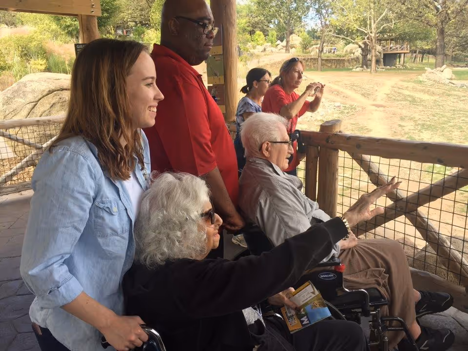 A group of seniors and caregivers at a fenced outdoor overlook, with two people in wheelchairs pointing and looking out.
