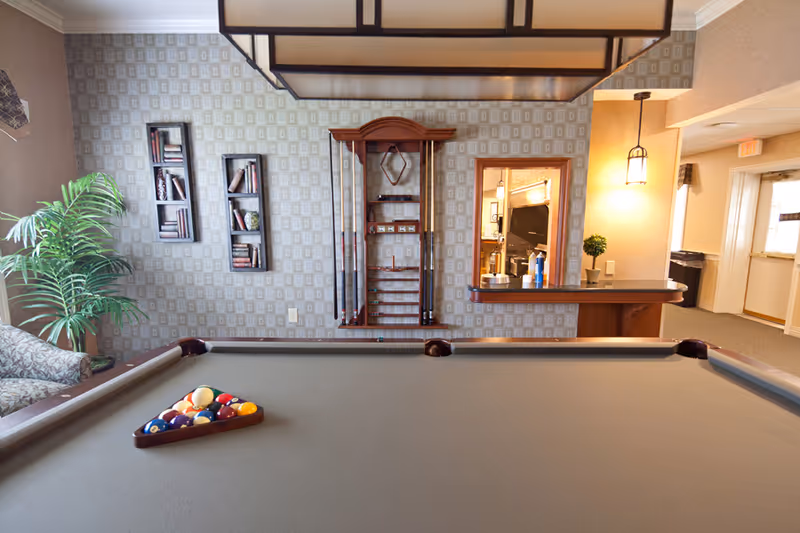 A recreational room with a pool table in the foreground, a rack with pool cues and balls on the wall, a small bar counter with a plant and hand sanitizer, patterned wallpaper, a large hanging light fixture above the pool table, and a potted plant next to a patterned armchair.