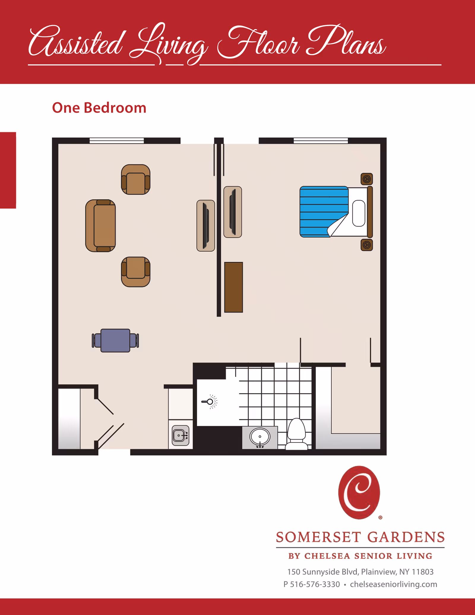 Top-down one-bedroom assisted living floor plan showing a living area, bedroom, bathroom, kitchenette, and Somerset Gardens branding.