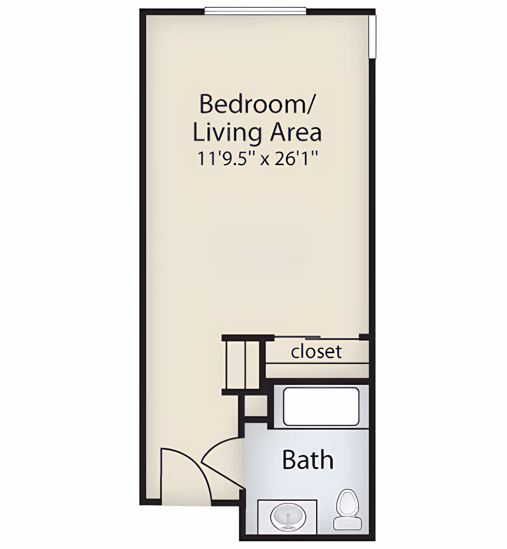 Floor plan of a studio showing a bedroom/living area with dimensions, a closet, and a bathroom.