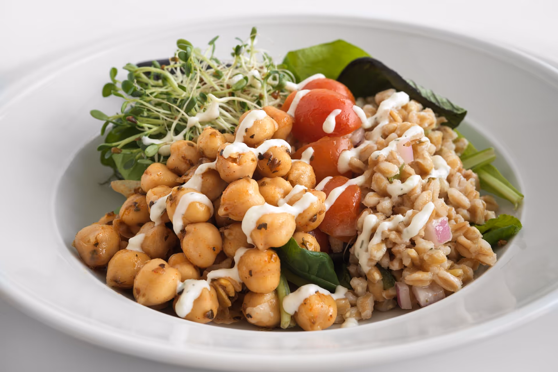 A white plate with a healthy salad consisting of chickpeas, cherry tomatoes, leafy greens, sprouts, and a grain salad, all drizzled with a creamy white dressing.