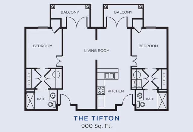 Floor plan of The Tifton apartment unit at Gardens of Gainesville showing two bedrooms, two bathrooms, a kitchen, a living room, closets, and two balconies, totaling 900 square feet.