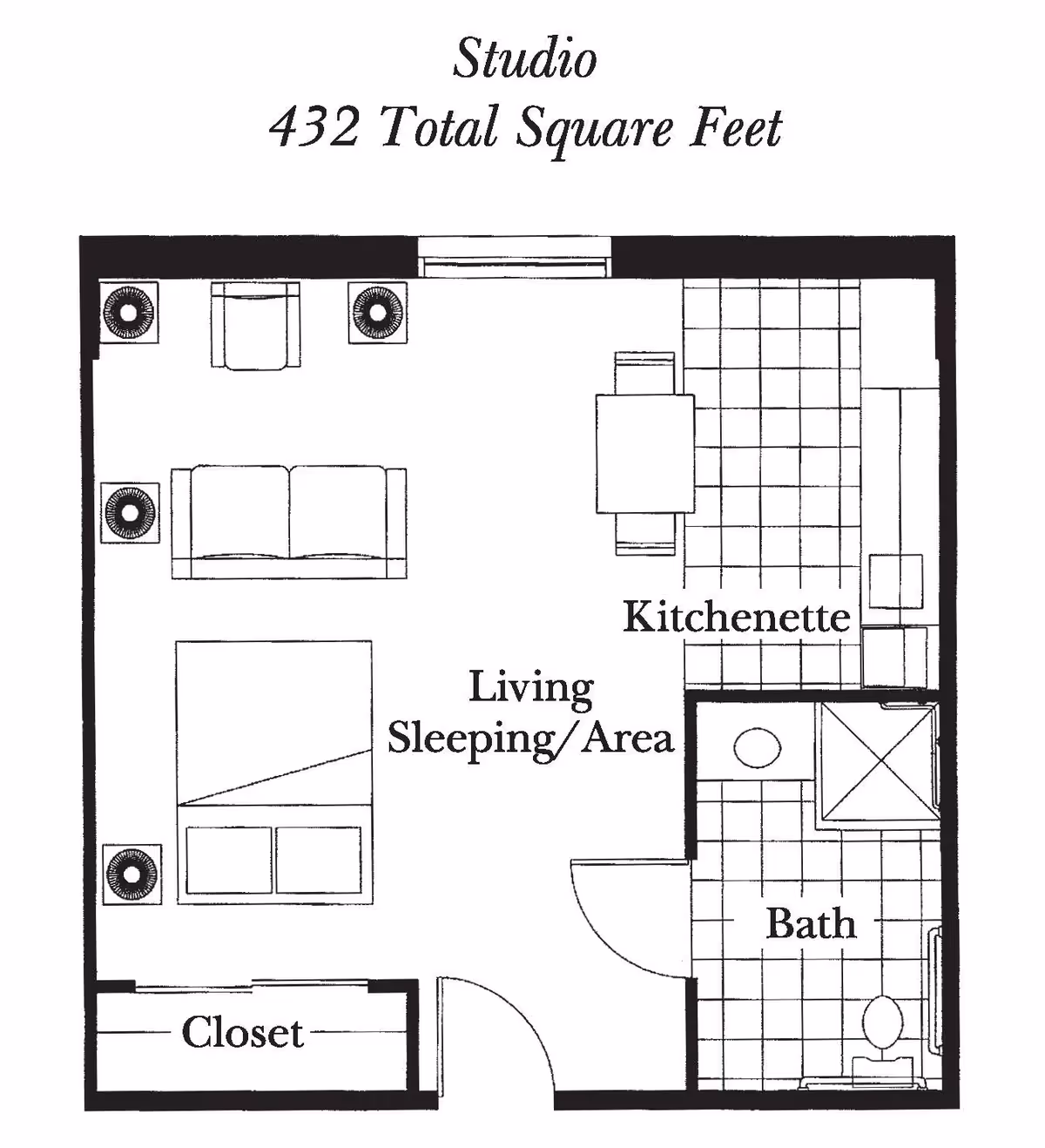 Floor plan of a studio apartment with 432 total square feet, showing a living and sleeping area with a bed, sofa, and chair, a kitchenette with a table and chairs, a bathroom with a shower, toilet, and sink, and a closet near the entrance.