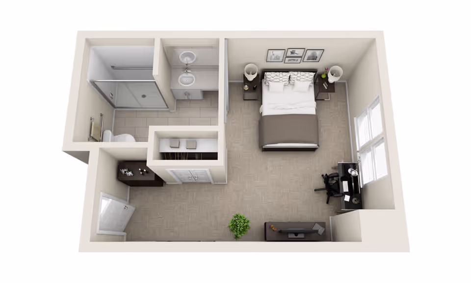 3D floor plan of a small apartment unit featuring a bedroom with a double bed, two nightstands with lamps, a desk with a chair near two windows, a TV stand with a television, a closet, and an adjacent bathroom with a shower, toilet, and double sink vanity.