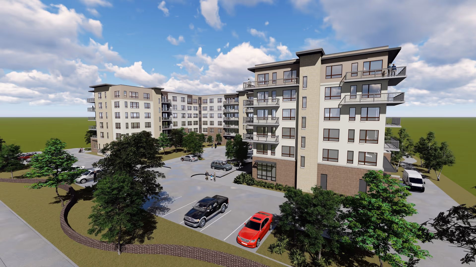 Exterior view of a multi-story senior living facility named Carillon at Belleview Station, showing two connected buildings with balconies, a parking lot with several cars, landscaped areas with trees, and a partly cloudy sky.