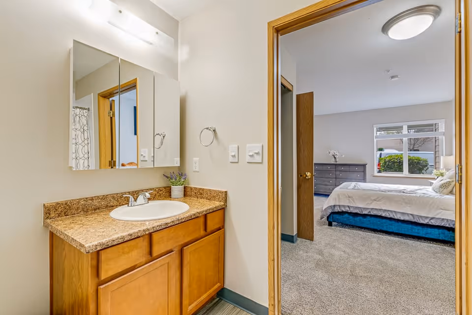 View of a bathroom vanity with a sink, countertop, and mirrored cabinet above. The bathroom opens into a bedroom with a bed, dresser, window, and carpeted floor.