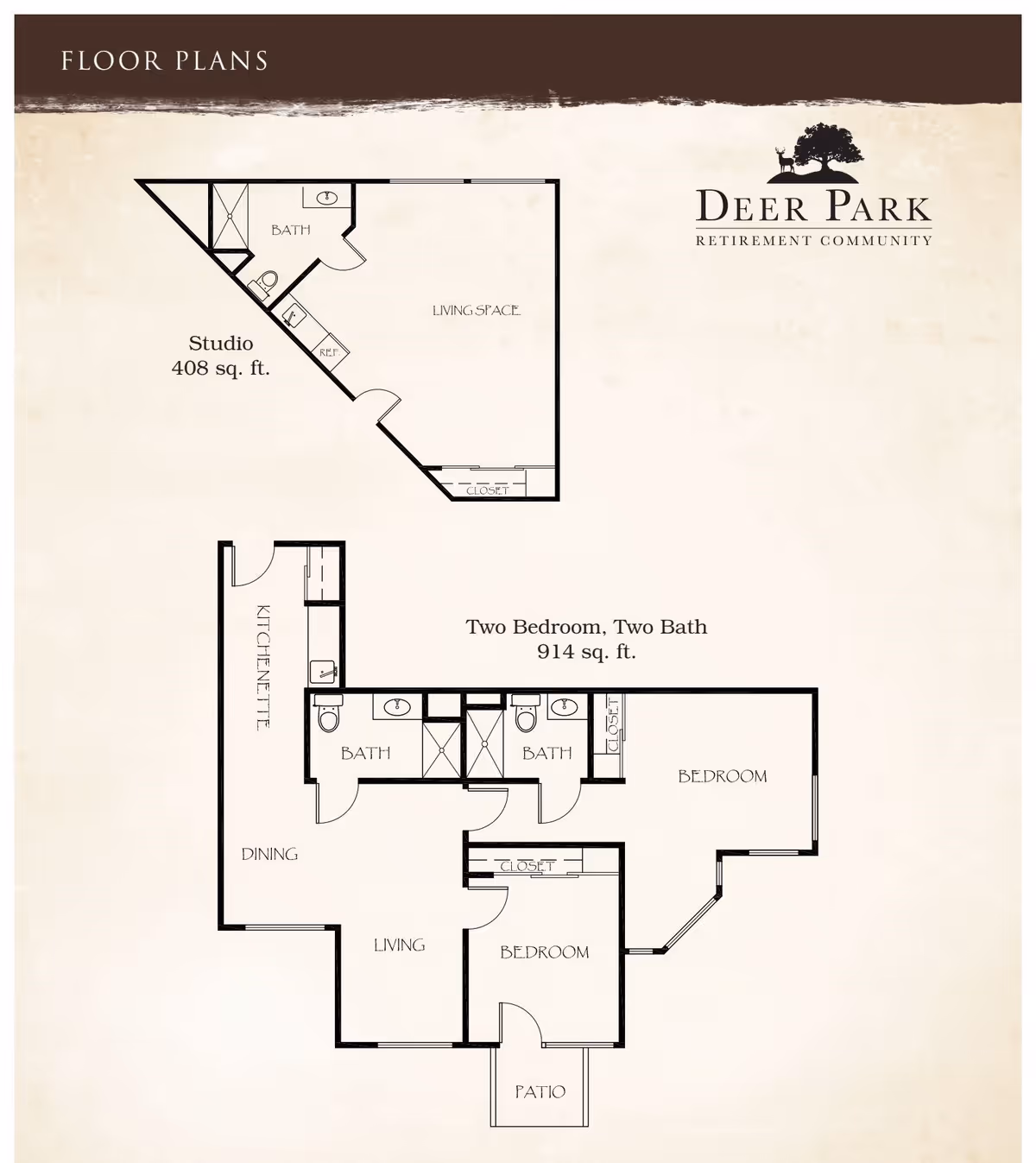 Floor plans for Deer Park Retirement Community showing a studio apartment of 408 sq. ft. with a bath, living space, and closet, and a two-bedroom, two-bath apartment of 914 sq. ft. with a kitchenette, dining area, living room, two bedrooms, two bathrooms, closets, and a patio.