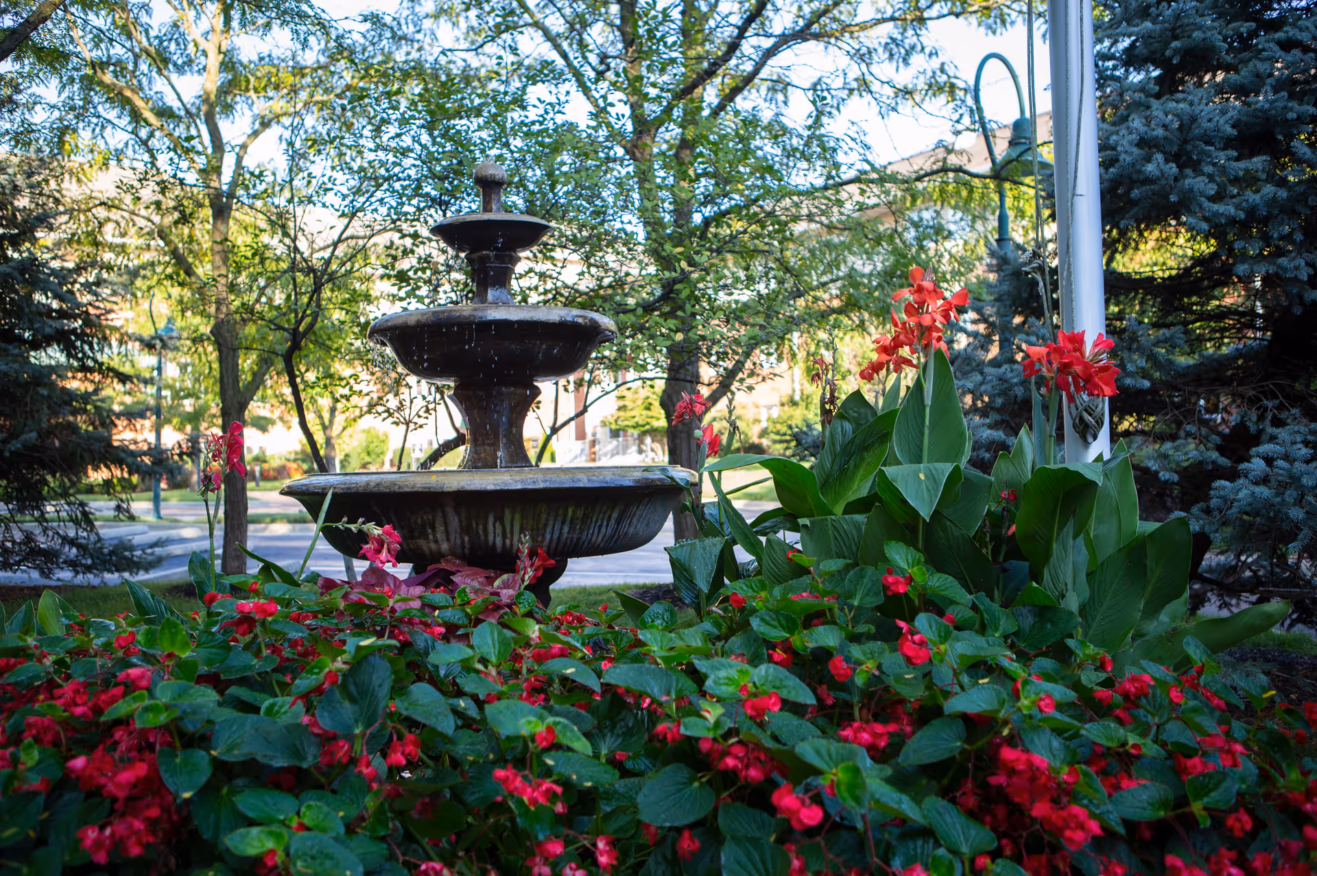 A multi-tiered water fountain surrounded by lush green plants and vibrant red flowers in an outdoor garden area with trees and a building visible in the background.