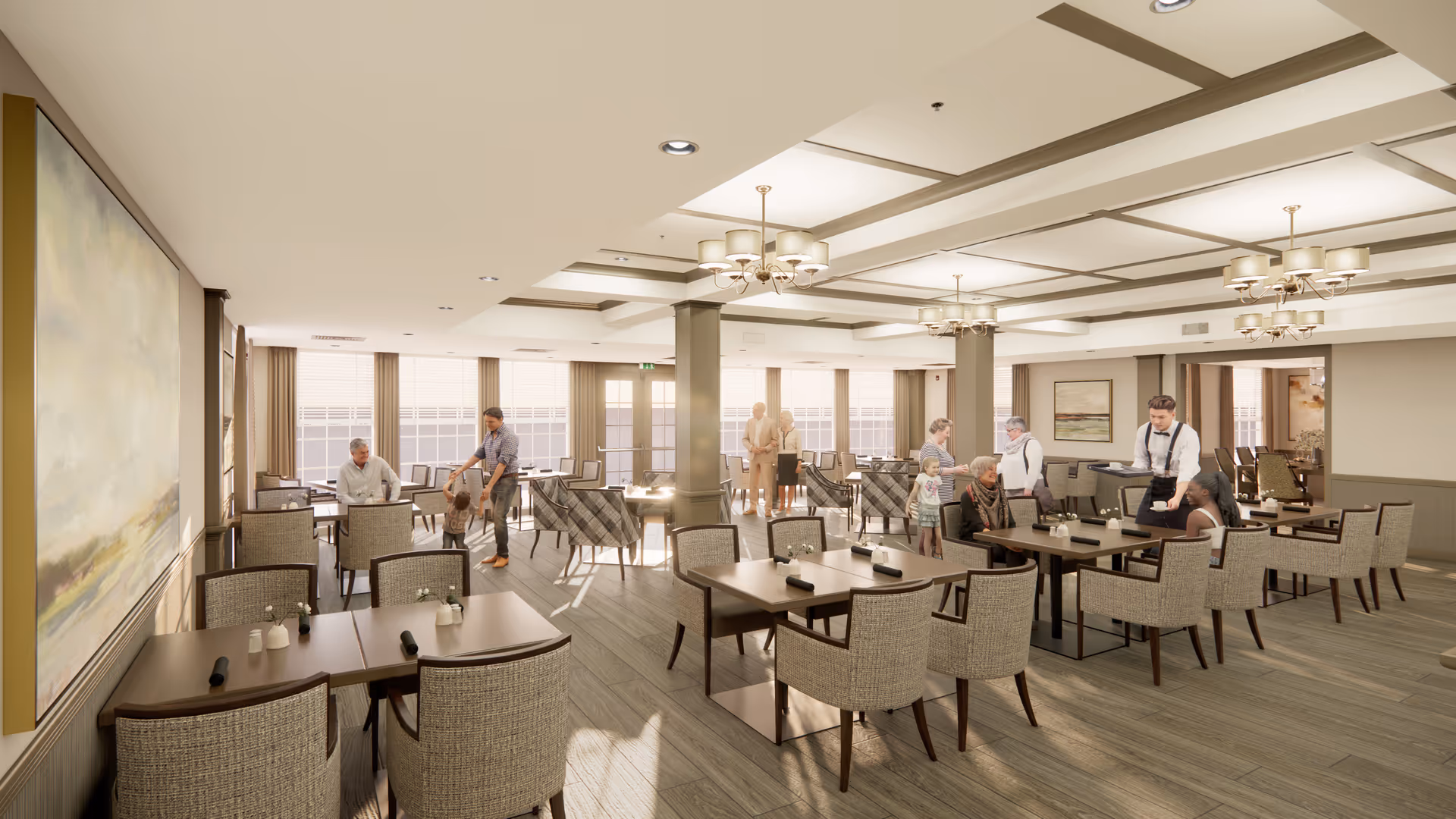 A bright and spacious dining room in a senior living facility with multiple tables and chairs arranged neatly. Several seniors and staff members are interacting, including a waiter serving a seated woman and a man playing with a child. Large windows allow natural light to fill the room, and elegant chandeliers hang from the ceiling. The walls are decorated with artwork and neutral tones.