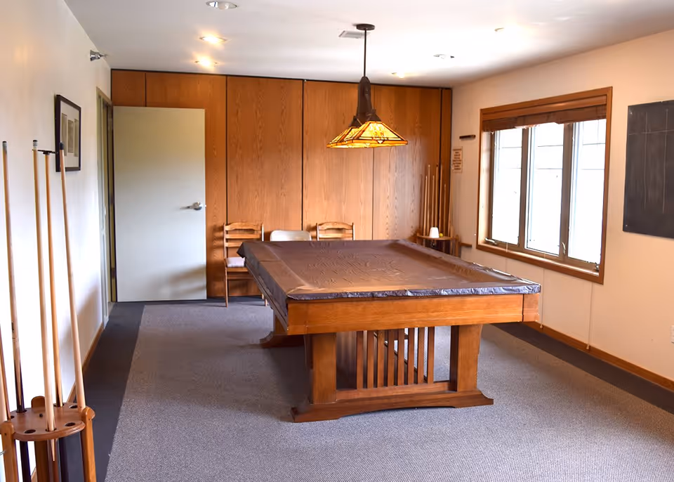 A room with a covered pool table in the center, wooden chairs against the back wall, a hanging light fixture above the table, a window with wooden blinds on the right, and a door on the left. Pool cues are standing in a rack on the left side of the image.