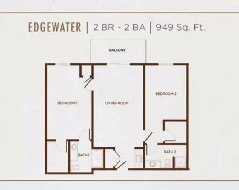 Floor plan labeled EDGEWATER showing a 2 bedroom, 2 bathroom apartment layout with 949 square feet. The layout includes Bedroom 1 with Bath 1, a Living Room with a Balcony, Bedroom 2, and Bath 2.