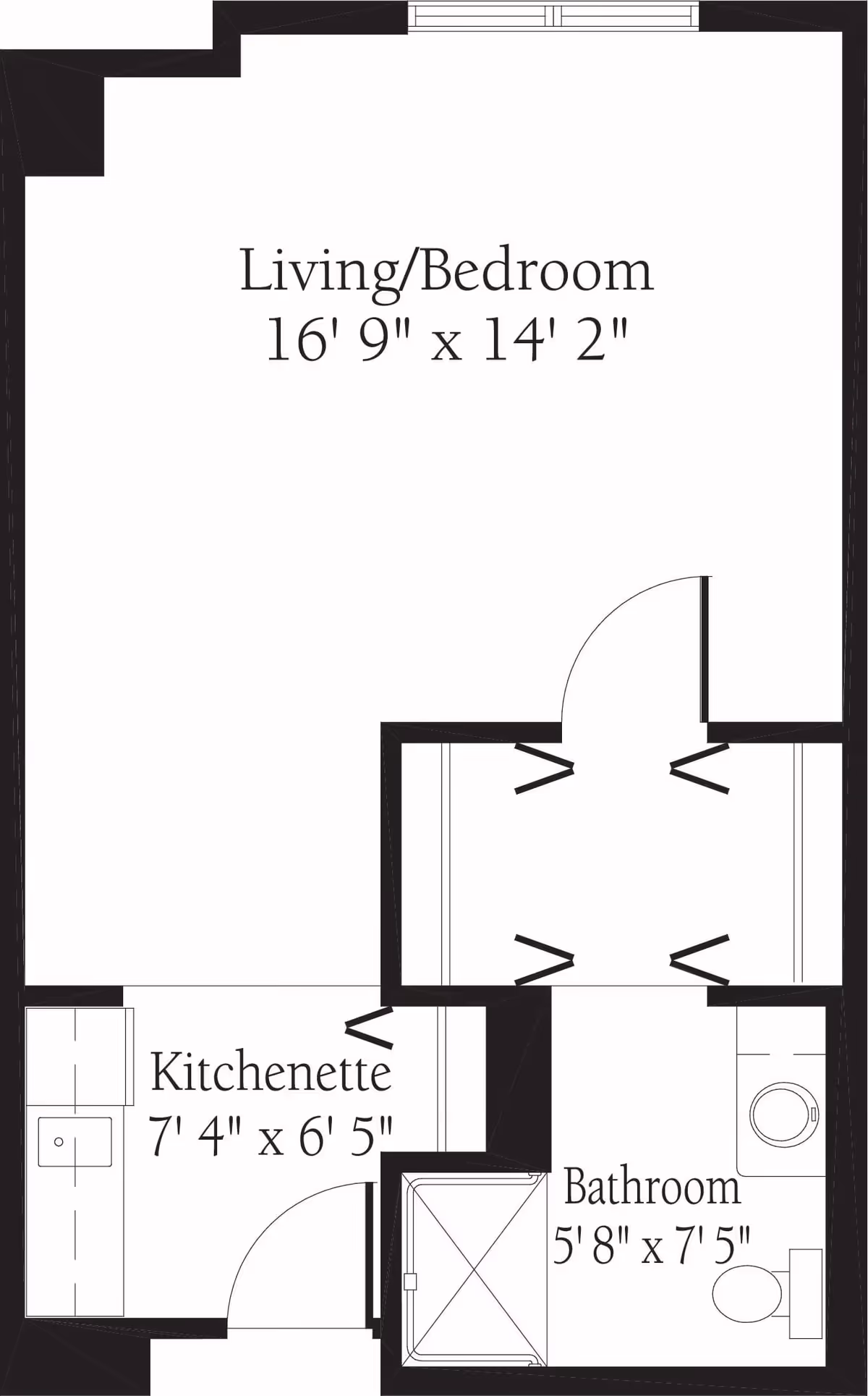 Floor plan of a living/bedroom area measuring 16 feet 9 inches by 14 feet 2 inches, connected to a kitchenette measuring 7 feet 4 inches by 6 feet 5 inches, and a bathroom measuring 5 feet 8 inches by 7 feet 5 inches. The kitchenette includes a sink and counter space, and the bathroom includes a shower, toilet, and sink.