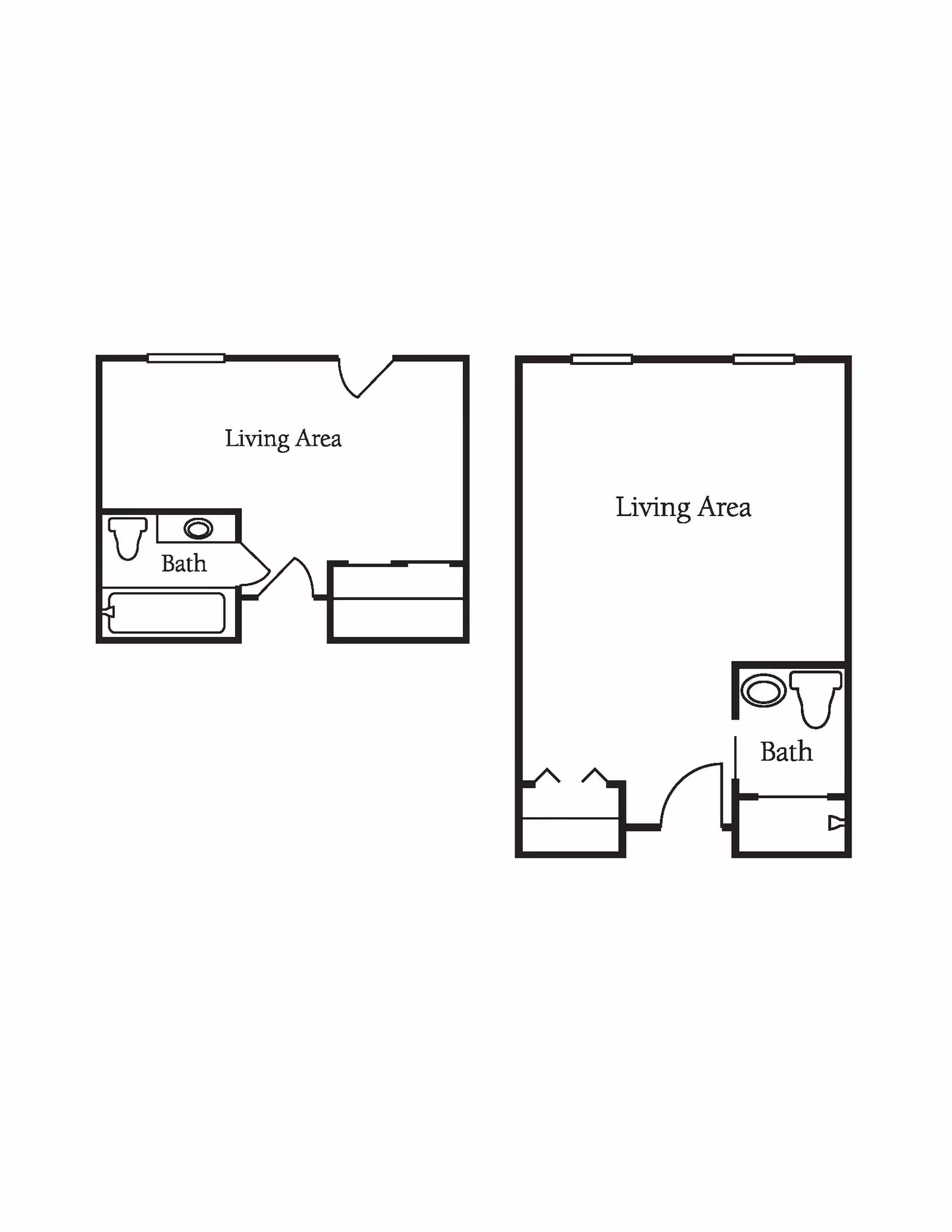 Architectural floor plan showing two layouts each with a living area and a bathroom labeled Bath.