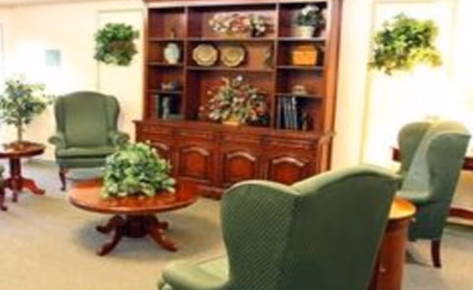 A cozy lounge with green upholstered armchairs, round wooden tables topped with plants, and a wooden display cabinet with decorative items.