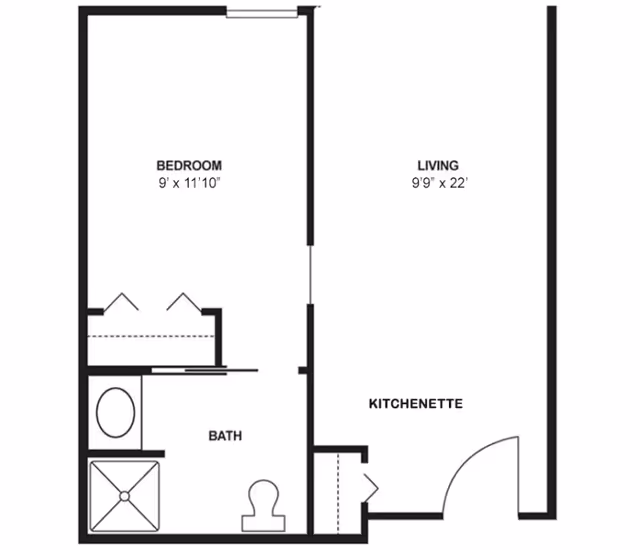 Floor plan layout showing a bedroom measuring 9 feet by 11 feet 10 inches, a bathroom with a shower, toilet, and sink, a living area measuring 9 feet 9 inches by 22 feet, and a kitchenette area adjacent to the living space.