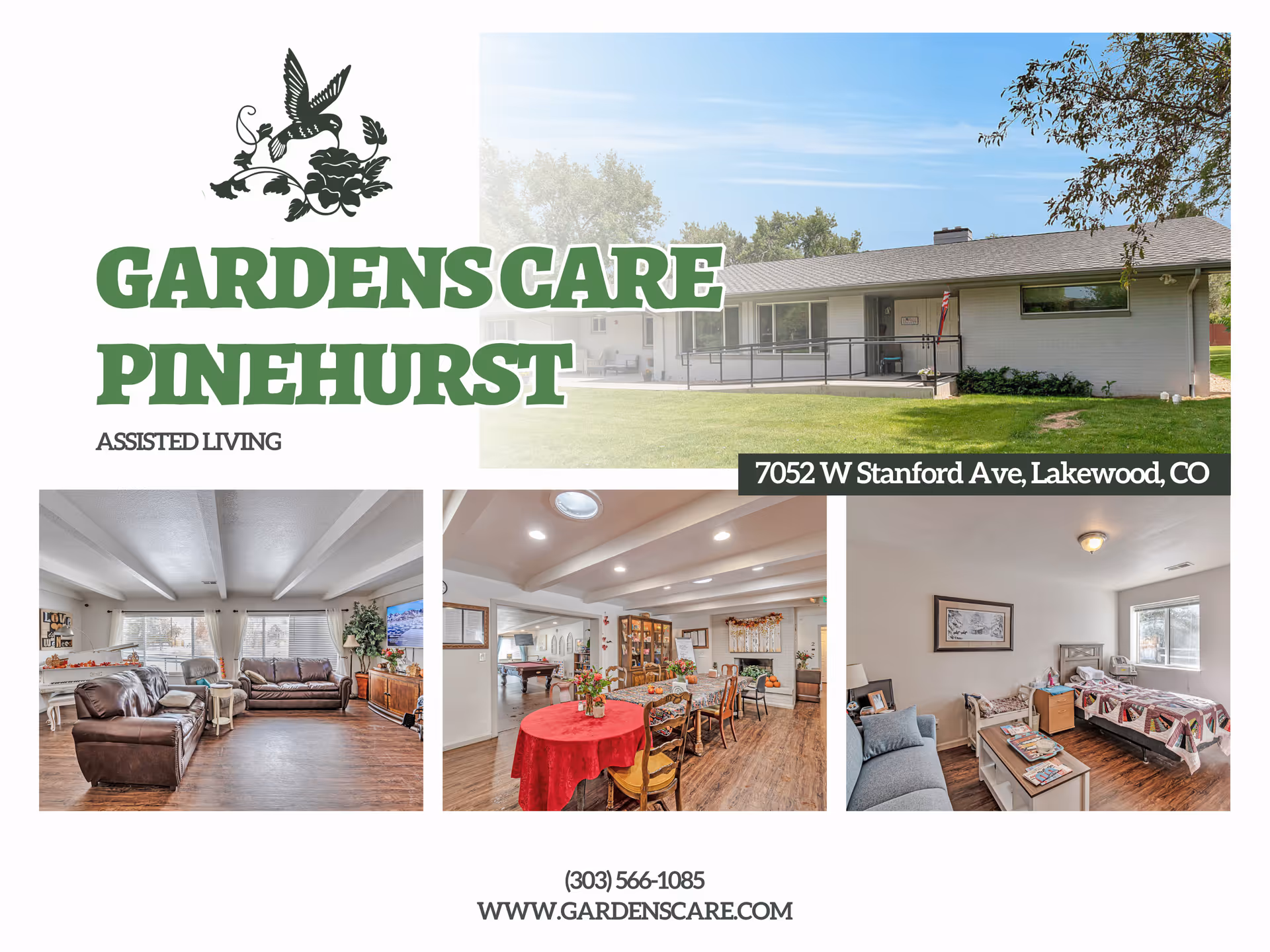 Collage of images showcasing Gardens Care Senior Living - Pinehurst. Top right image shows the exterior of a single-story building with a ramp and green lawn. Bottom left image shows a living room with leather sofas, a piano, and large windows. Bottom middle image shows a dining area with a round table covered with a red tablecloth and several chairs, with a pool table in the background. Bottom right image shows a bedroom with a bed, a couch, and a window letting in natural light. Text includes the facility name, address, phone number, and website.