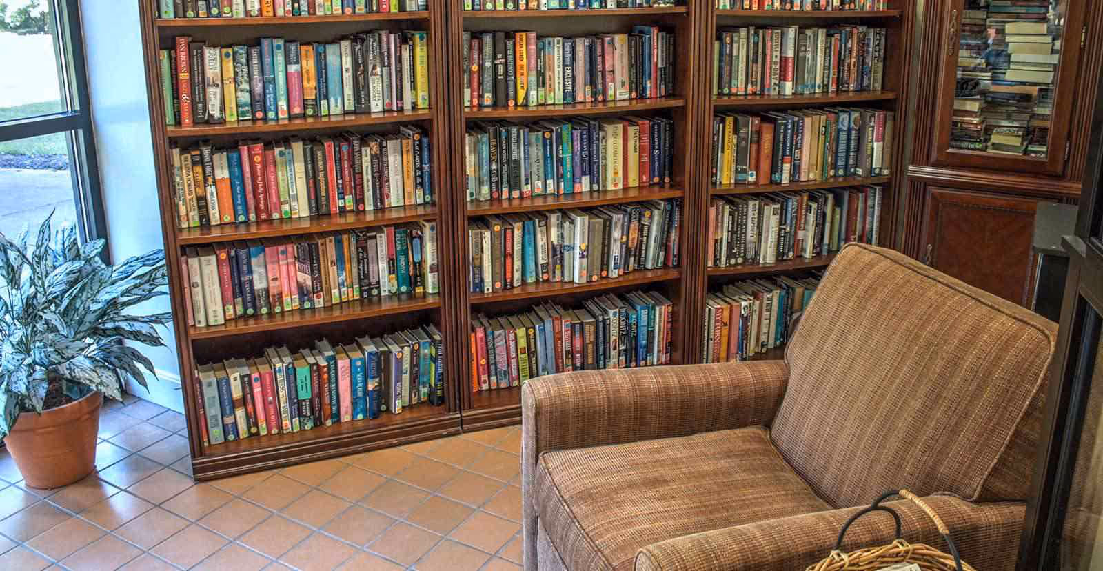 Cozy reading nook with a brown upholstered armchair next to a large wooden bookshelf filled with books. There is a potted plant near a window letting in natural light, and a basket with a handle is placed on the armchair.