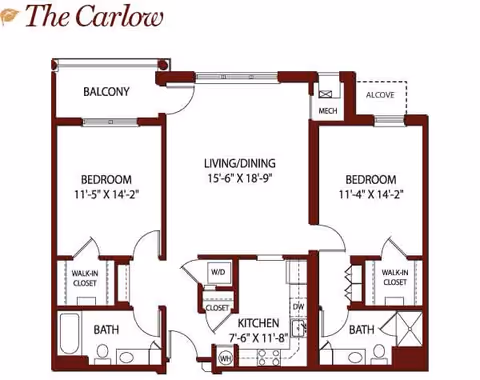 Two-bedroom apartment floor plan labeled 'The Carlow' showing a living/dining area, kitchen, two bathrooms, walk-in closets and a balcony.