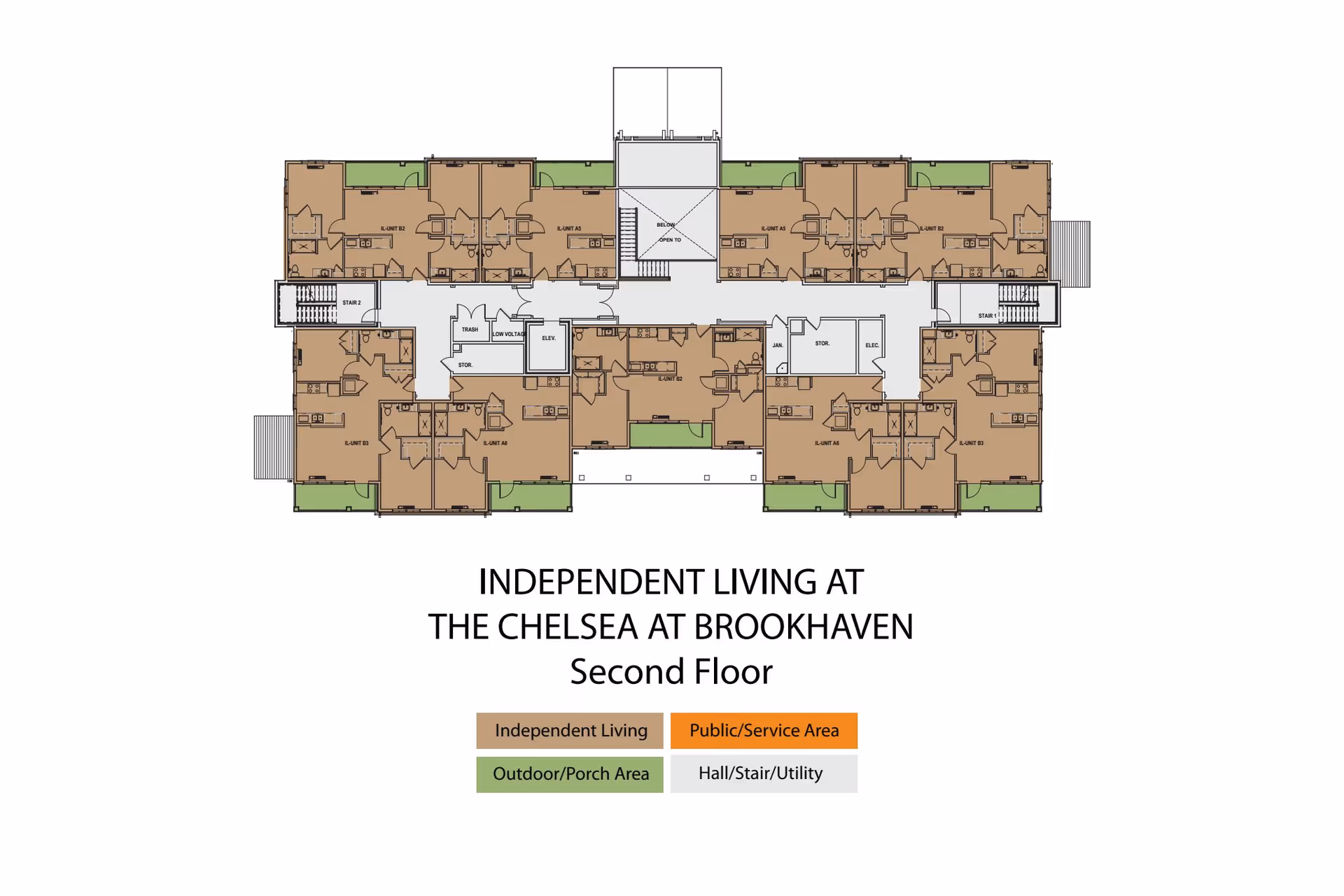 Floor plan of the second floor at The Chelsea at Brookhaven showing independent living units, public/service areas, outdoor/porch areas, and hall/stair/utility spaces, with a color-coded legend.