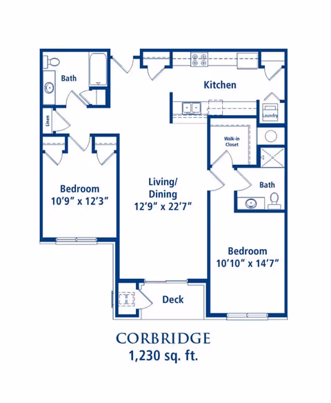 Blueprint floor plan titled 'Corbridge' showing a two-bedroom, two-bath 1,230 sq. ft. apartment with kitchen, living/dining area and deck.