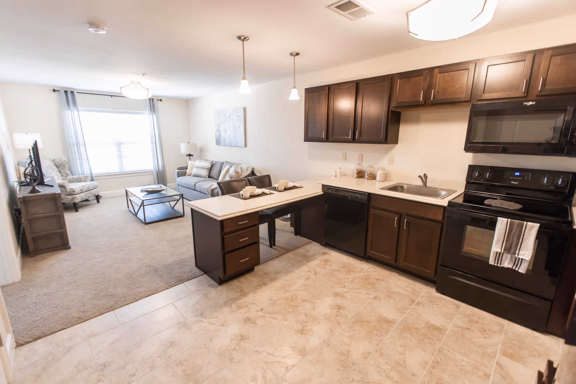 Open-plan kitchen with dark wood cabinets, black appliances and an island overlooking a carpeted living room with a sofa and armchair by a window.