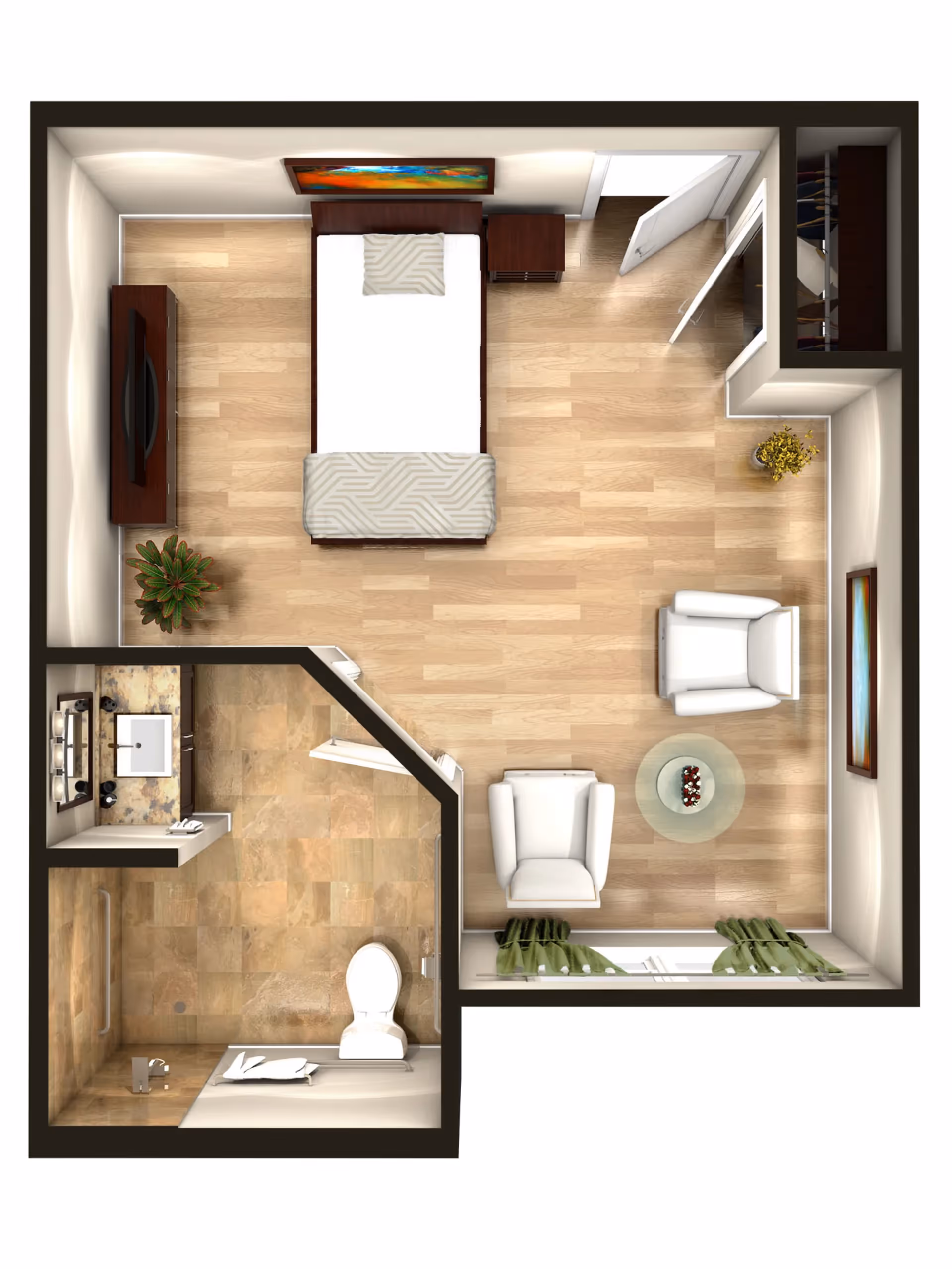 Top-down floor plan of a studio apartment showing a bed, dresser and TV, a seating area with two chairs and a small table, closet, and an attached bathroom.