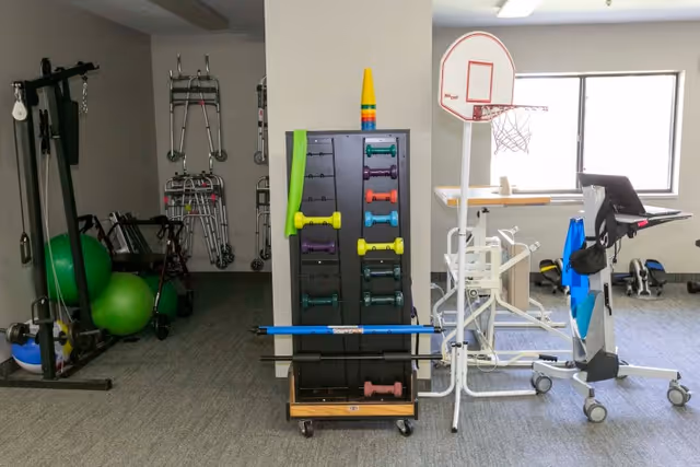 Interior therapy room with a dumbbell rack, exercise balls, walkers, a patient lift, and a small basketball hoop.
