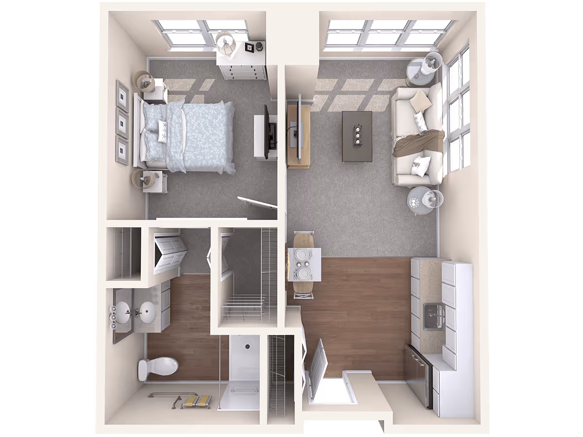 Top-down view of a one-bedroom apartment floor plan showing a bedroom with a bed and nightstands, a bathroom with a toilet, sink, and shower, a living room with a sofa, coffee table, and TV, and a kitchen area with cabinets, sink, stove, and refrigerator.