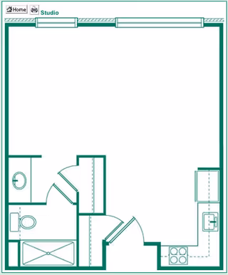 Floor plan of a studio apartment at Harding Place Retirement showing a combined living and sleeping area, a kitchen with stove and sink, a bathroom with toilet, sink, and bathtub, and closet spaces.
