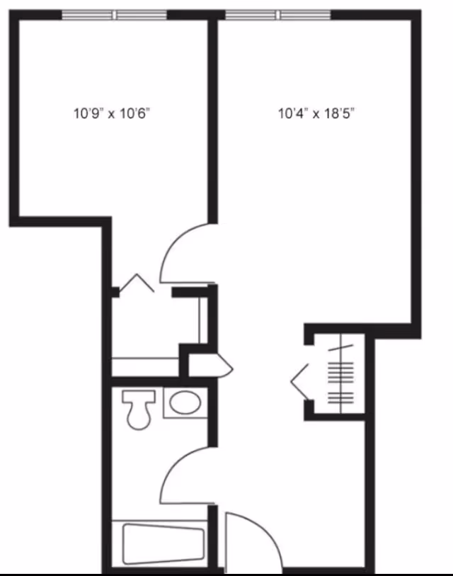 Black and white architectural floor plan showing a layout with two rooms labeled with dimensions 10'9" x 10'6" and 10'4" x 18'5", a bathroom with a toilet, sink, and bathtub, and a closet space.