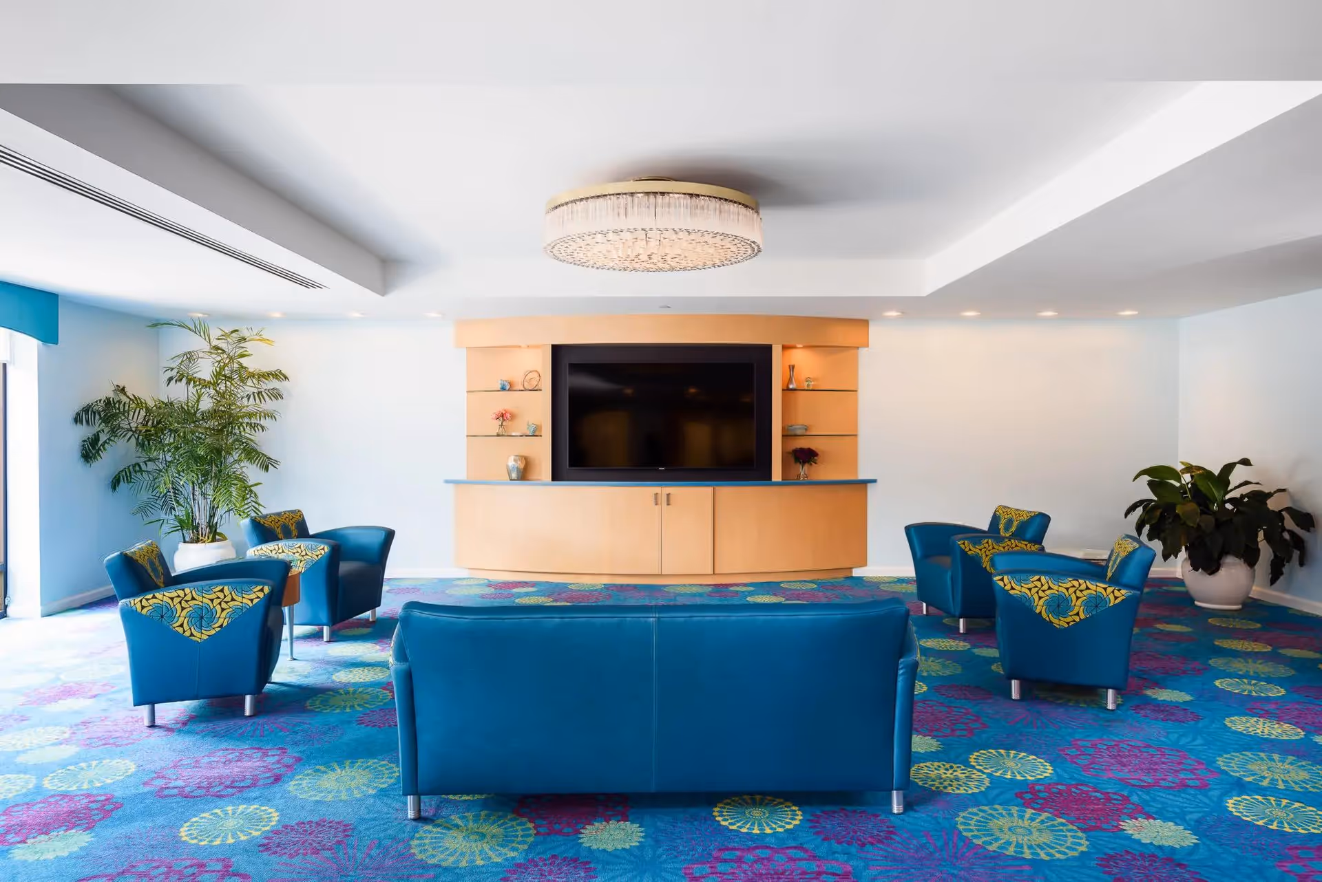 A bright and spacious living room with a blue sofa and four matching blue armchairs with yellow patterned cushions arranged around a large flat-screen TV mounted on a light wood entertainment unit. The room features a colorful carpet with blue, purple, and green floral patterns, two large potted plants, and a modern ceiling light fixture.