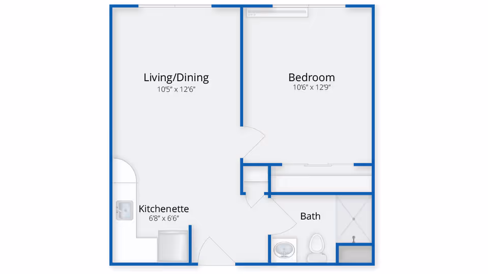 Floor plan of a senior living unit at The Village at Willow Crossings showing a living/dining area, bedroom, kitchenette, and bathroom with dimensions.