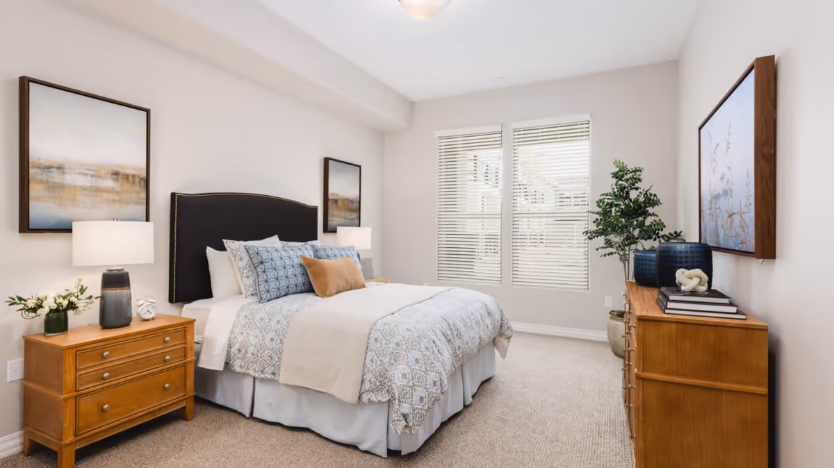 A neatly made bed with patterned bedding and multiple pillows in a bright bedroom. The room features two wooden nightstands with lamps and decorative items, two framed artworks on the walls, a wooden dresser with books and decor, a potted plant, and two windows with white blinds letting in natural light.