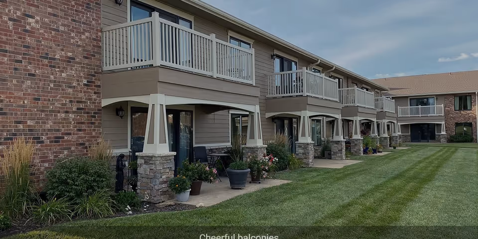 Exterior view of a senior living facility showing a row of ground-floor patios and upper-floor balconies with potted plants and outdoor seating. The building features a combination of brick and siding with stone pillars, and a well-maintained lawn in front under a partly cloudy sky.