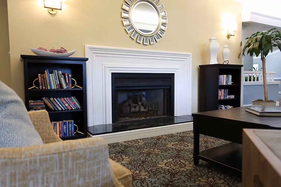 Cozy living room area with a fireplace centered on a beige wall, flanked by two black bookshelves filled with books. Above the fireplace is a decorative round mirror. A patterned rug covers the floor, and a beige armchair with a gray pillow is partially visible in the foreground. A tall potted plant stands near the right bookshelf, and a dark wooden coffee table is in front of the fireplace.
