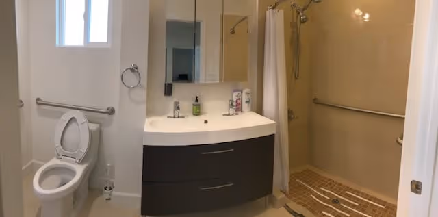 A clean bathroom featuring a toilet with an open lid, a modern sink with a dark cabinet below, a mirror above the sink, and a walk-in shower with a curtain and grab bars.