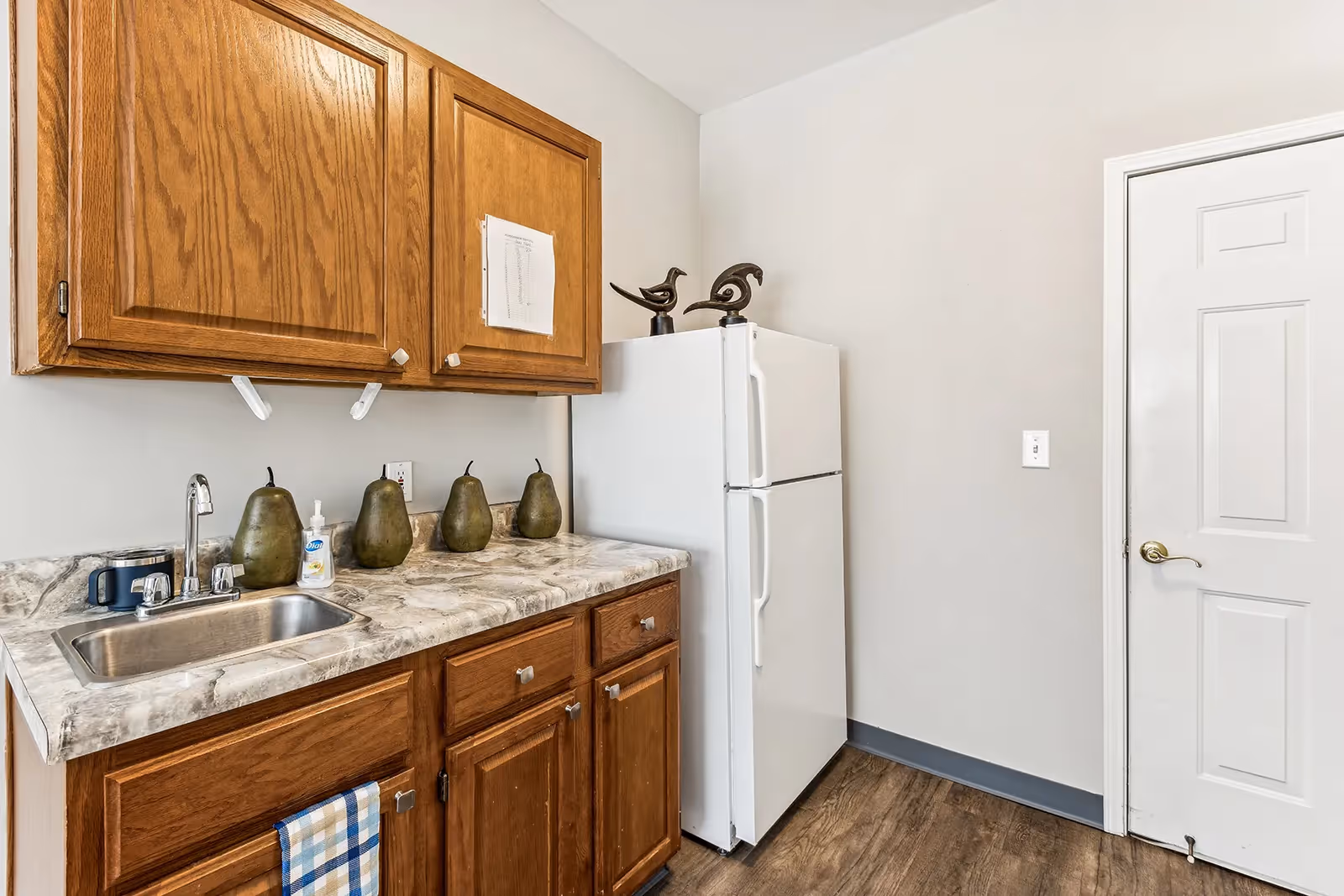 A small kitchen area with wooden cabinets, a marble-patterned countertop, a stainless steel sink with a faucet, decorative pears lined up on the counter, a white refrigerator with two bird figurines on top, and a white door with a brass handle. The floor is wooden and the walls are painted light gray.