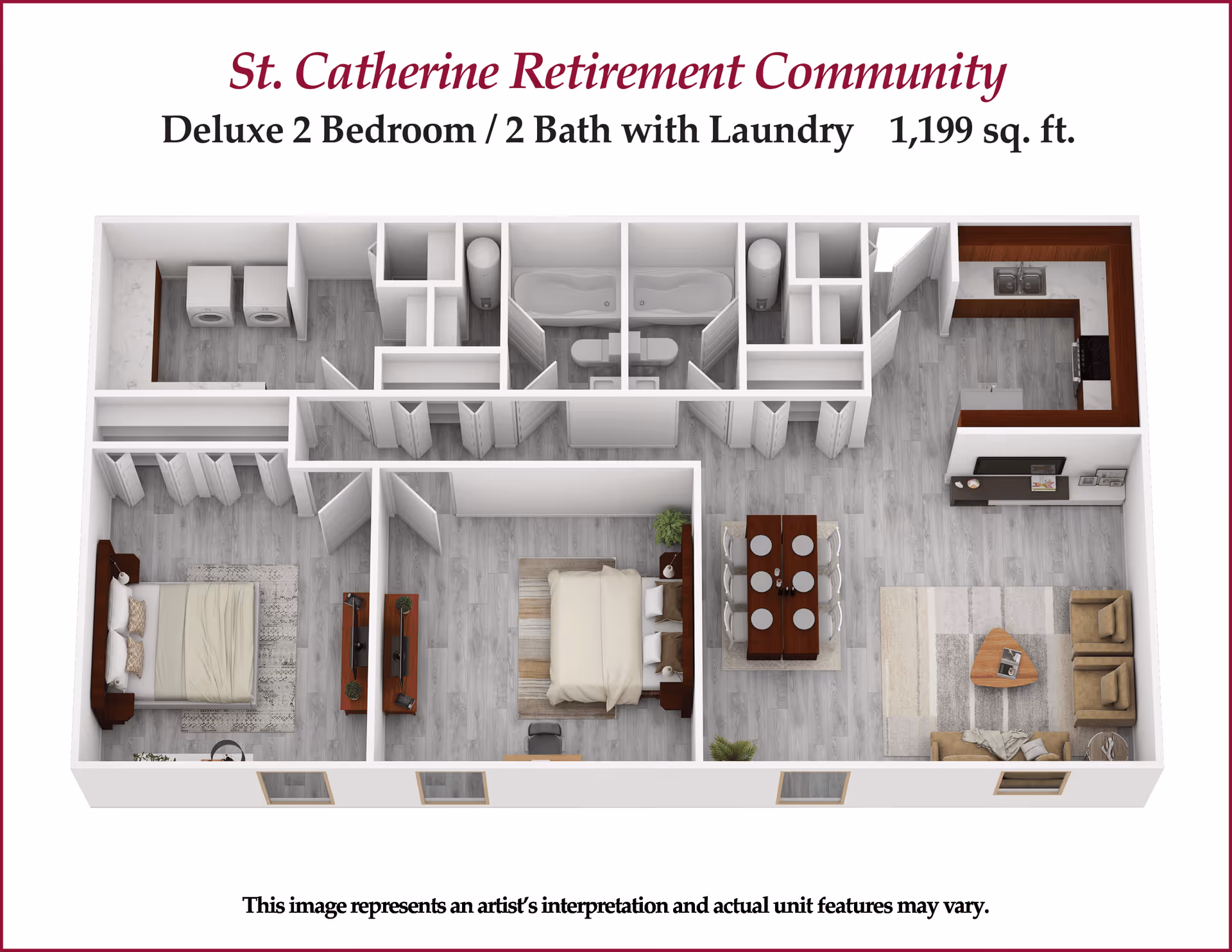 3D floor plan of a deluxe 2 bedroom, 2 bathroom apartment with laundry at St. Catherine Retirement Community, showing bedrooms, bathrooms, kitchen, dining area, and living room in a 1,199 square foot layout.
