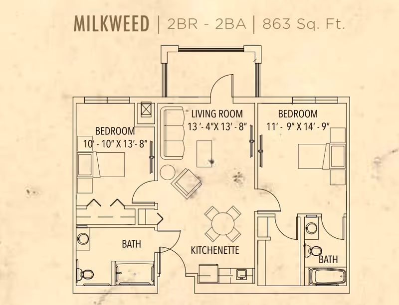Floor plan of Milkweed unit at Sunflower Springs at Trinity showing a 2 bedroom, 2 bathroom layout with 863 square feet. The plan includes two bedrooms, a living room, kitchenette, and two bathrooms.