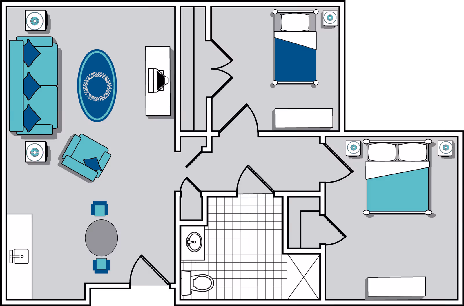 Floor plan of a residential unit showing a living room with a sofa, armchair, coffee table, and TV stand; a kitchen area with a sink and dining table with two chairs; a bathroom with a sink, toilet, and shower; and two bedrooms, one with a single bed and the other with a double bed, each with nightstands and dressers.