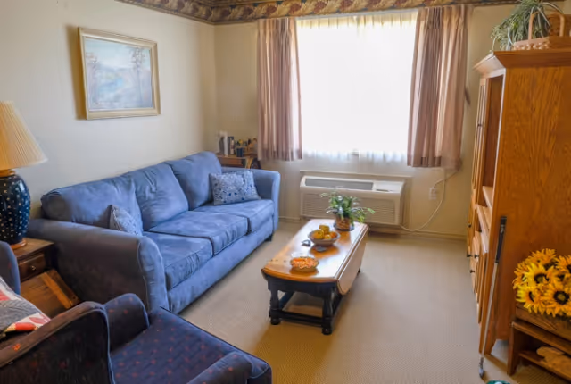 Small living room with a blue sofa and armchair, a wooden coffee table, window with curtains, and a wooden cabinet.