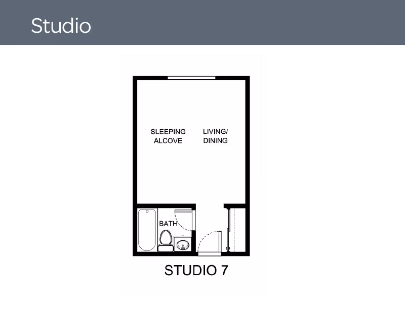 Floor plan of a studio apartment labeled Studio 7, showing a sleeping alcove, living/dining area, and a bathroom with a bathtub, toilet, and sink.