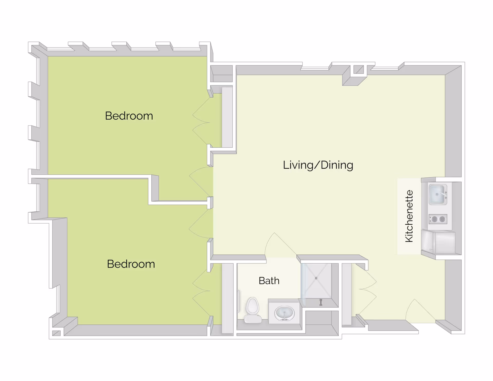 Floor plan of a unit with two bedrooms, a living/dining area with kitchenette, and a bathroom.