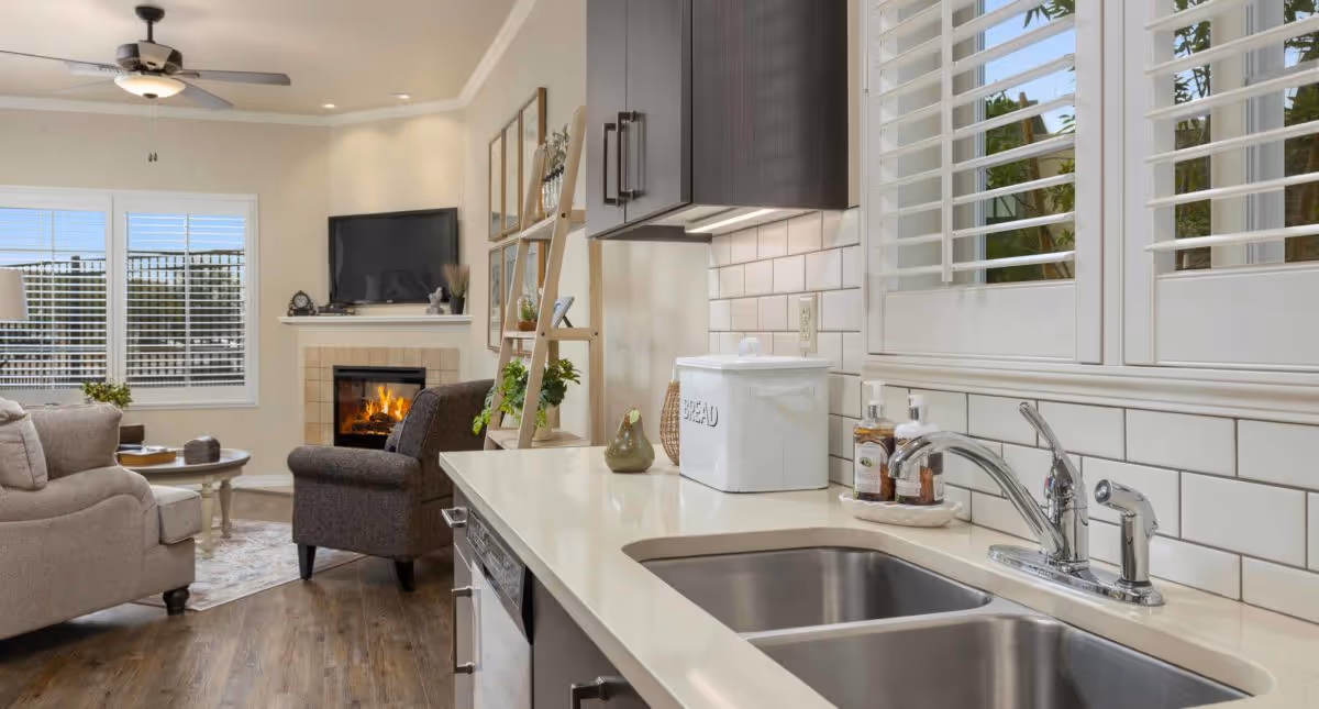 View of a modern kitchen countertop with a double sink, soap dispensers, and a bread container. In the background, there is a cozy living room area with a fireplace, a TV mounted above it, a ceiling fan, and comfortable seating near large windows with white blinds.