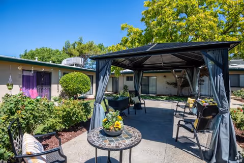 Outdoor courtyard area at Country Club Manor featuring a gazebo with chairs underneath, a small round table with a flower arrangement, surrounding greenery including bushes and trees, and building walls with windows in the background under a clear blue sky.