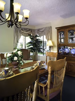 Well-lit dining room with a wooden table set with china, spindle-back chairs, a chandelier, china cabinet, window drapery and a potted plant.