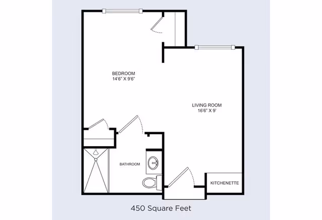 Black-and-white floor plan of a 450-square-foot one-bedroom apartment showing a living room, bedroom, bathroom, and kitchenette.